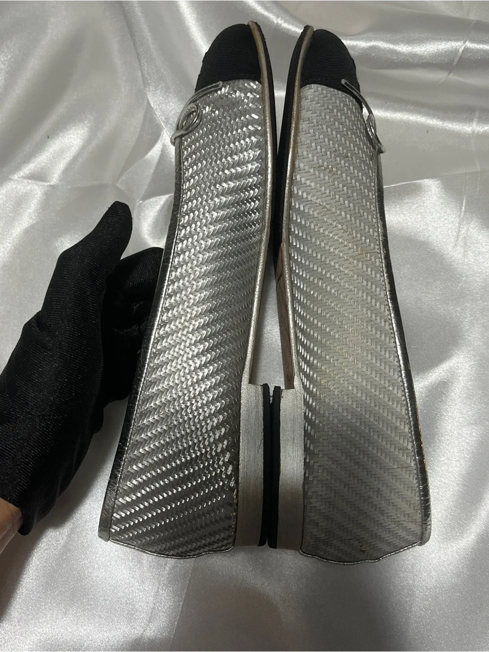 CHANEL Silver and Black Quilted Cap-Toe Ballet Flats